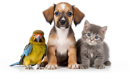 Adorable Pets - Tiny Puppy, Kitten, and Parrot Together on a White Background - Generative Ai