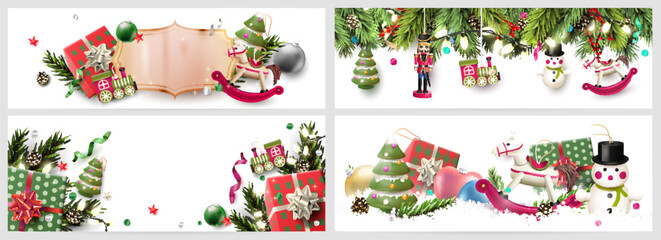 Christmas banners with traditional decorations, gift boxes and wooden toys. White background