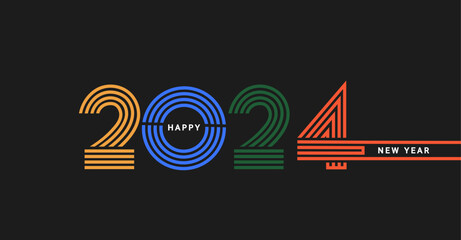 Modern banner for 2024 happy new year.Numbers from different colors lines with wishing on black background.Minimalistic design,template for flyer,web,cover,calendar,web,presentation,print.Vector