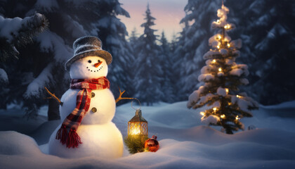 Snowman Illuminated by Candlelight in a Nighttime Winter Forest - Enchanted Woodland - Generative AI