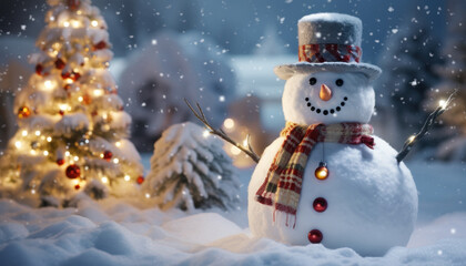 Snowman in a Winter Forest with Christmas Tree - Enchanting Holiday Scene - Generative AI