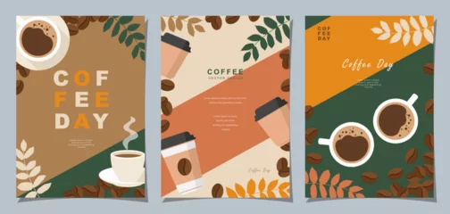 Foto op Plexiglas Set of sketch banners with coffee beans and leaves on minimal background for invitations, cards, banner, poster, cover, cafe menu or another template design. vector illustration. © Udomdech