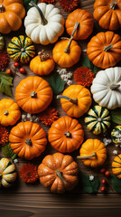 Autumn decor from pumpkins, berries, and leaves on a white wooden background. Thanksgiving Day or Halloween concept. Flat lay autumn composition. Top view with copy space