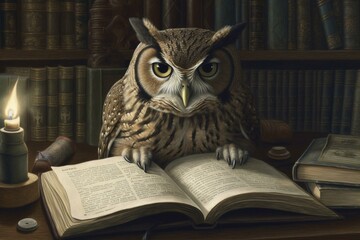 Drawing of a wise owl engrossed in reading inside a library. Generative AI