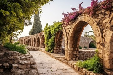 Fototapeta na wymiar Beautiful historic walkway among the ruins of old buildings in Turkey's Mersin province. Travel and tourism concept. Generative AI
