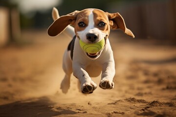 Energetic beagle bounding playfully outdoors towards the camera with a toy. Generative AI