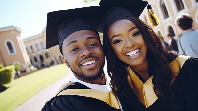 Happy African American couple students in graduation dresses and hats taking selfies together, posing at university campus, enjoying and celebrating graduation