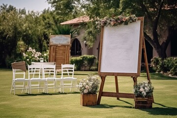 Outdoor wedding white board with seating chart and welcome sign. Greeting template provided with clipping path. Generative AI