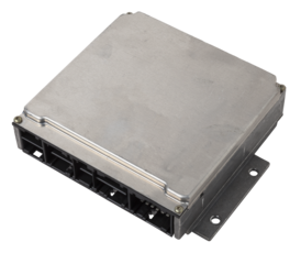 Plastic car engine control unit with metal elements on a white isolated background is the connecting center of various subsystems, units and assemblies. Monitoring the state of the moment. Spare part