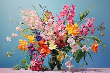 A painting of flowers arranged in a still life. Generative AI