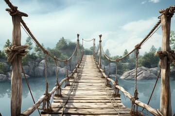 Vintage wooden suspension bridge on clear backdrop. Generative AI