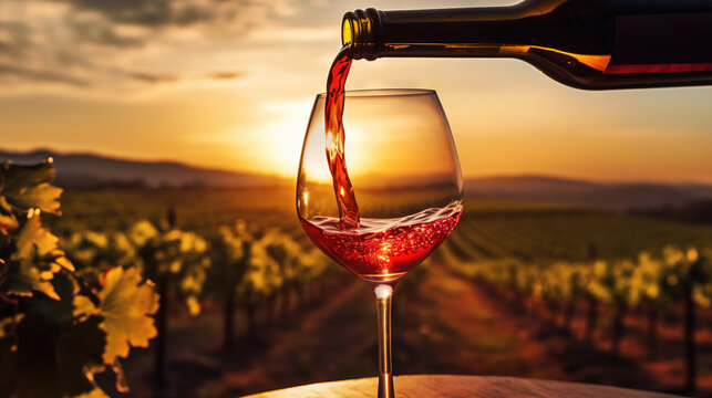 Pouring red wine from a bottle into a wine glass on a vineyard, winery background at golden sunset. Wine country, winemaking, vino rosso on a rustic table with a bunch of fresh grapes. Generative AI