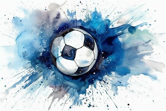 Fototapeta Abstract soccer ball watercolor art with blue sport print, creative wall decoration. Generative AI