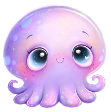 Illustration of a cute cartoon purple octopus. Cute animals. Ocean animals. Sea animals. Transparent background, PNG