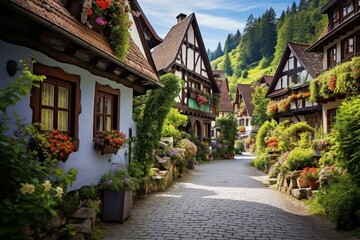 Fototapeta na wymiar An idyllic village with charming houses and a charming street. Generative AI