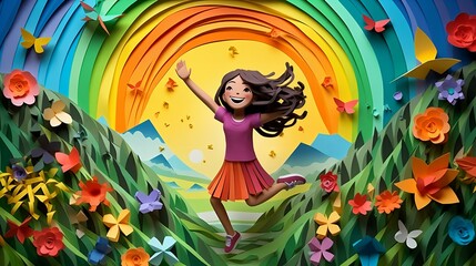 Obraz na płótnie Canvas Origami Meadow Delight: Children and Rainbow in a Paper Wonderland