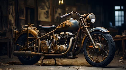 Foto auf Acrylglas Fahrrad Vintage rustic motorcycle parked in the street