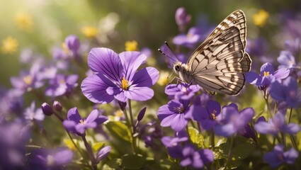 "Whispers of Spring: Macro View of Wild Violets and Delicate Butterflies in Sunlit Meadow"