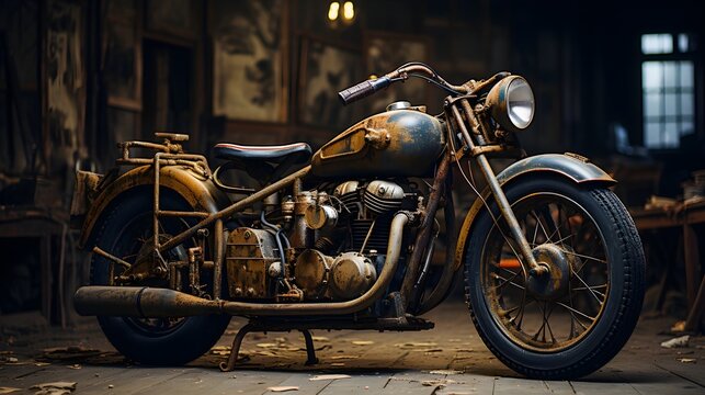 Vintage rustic motorcycle parked in the street