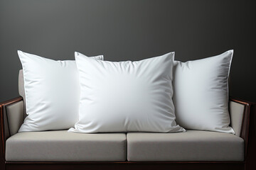 Blank white three pillows on Sofa copy space for mock-up gray wall background