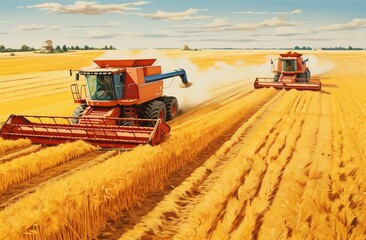 Obraz premium Combine harvester removes ripe wheat agricultural work, harvesting grain in field concept of planting and harvesting rich harvest Generative AI