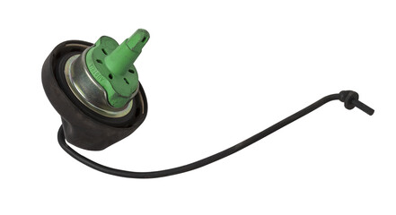 Plastic fuel filler tank cap on white isolated background. Oil and gas industry. Auto parts catalog.