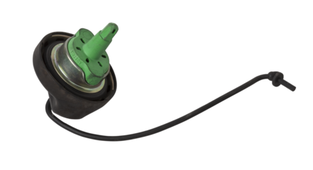 Plastic fuel filler tank cap on white isolated background. Oil and gas industry. Auto parts catalog.