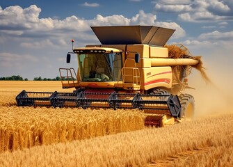 Combine harvester removes ripe wheat agricultural work, harvesting grain in field concept of planting and harvesting rich harvest Generative AI