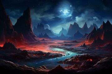 Otherworldly scenery featuring volcanic terrain, flowing river, celestial bodies scattered across the starry sky. Generative AI