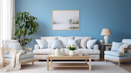 Cozy Light Blue Living Room with White Furniture and Plants in Functional Interior Design, sofa, couch, coffee table