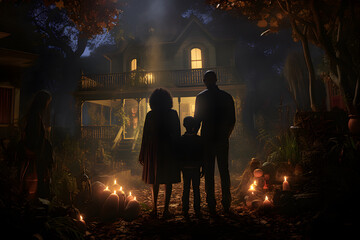 Black family on halloween night in front of a haunted house with their backs turned.