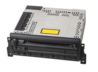 an audio system and a radio in gray and black plastic of car with cd and mp3 music on white...