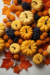 Festive Autumn decor from pumpkins, berries and leaves on a white wooden background Concept of Thanksgiving Day or Halloween