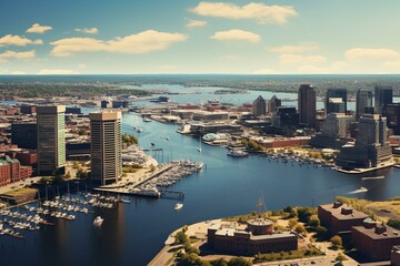 Overhead shot of Baltimore's cityscape along the Inner Harbor in Maryland. Generative AI