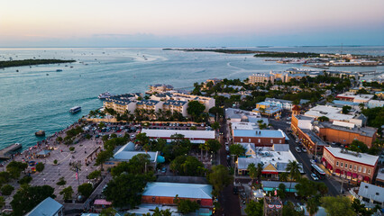 Key west aerial view of people gathering for sunset celebration in Mallory Square