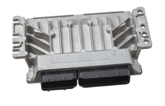 Plastic car engine control unit with metal elements on a white isolated background is the connecting center of various subsystems, units and assemblies. Monitoring the state of the moment. Spare part