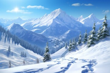 A well-prepared ski slope with tracks in fresh snow, set against a picturesque mountainous backdrop on a sunny winter day. Generative AI