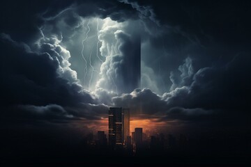 A skyscraper amidst thunderstorms and abundant clouds. Generative AI