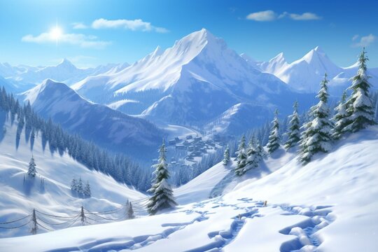 A well-prepared ski slope with tracks in fresh snow, set against a picturesque mountainous backdrop on a sunny winter day. Generative AI