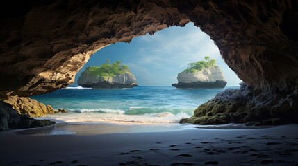 A beach view seen through a cave