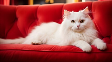 a beautiful pet white cat peacefully resting on the living room red sofa