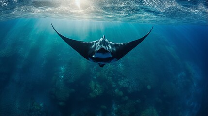 A bird's-eye view reveals a manta ray sharing the ocean with a solitary surf