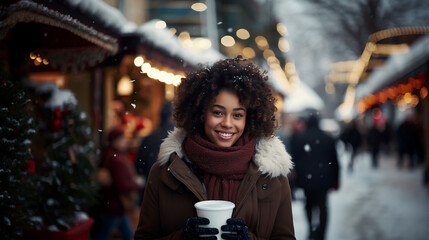 A beautiful black mixed race woman with an afro standing outside at a Christmas market, holding a coffee, snowy day, christmas lights, cold, winter season, happy holidays