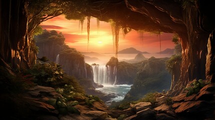 A cave is framed by the stunning sight of a waterfall at sunset