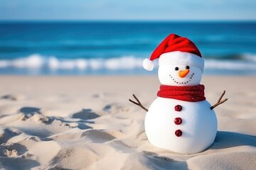snowman on the beaсh, Christmas and Happy New Year concept, copy space