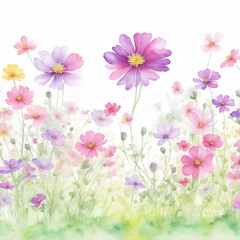 Fototapeta na wymiar Vector hand painted watercolor cosmos floral garden field landscape background