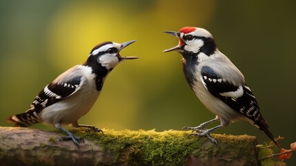 A downy Woodpecker displaying aggression towards a male house sparrow