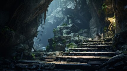 A fresh morning scene on the cave stairs - obrazy, fototapety, plakaty