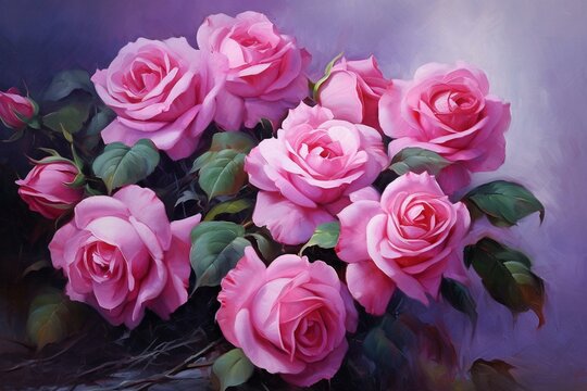 Vibrant pink roses in an oil painting, perfect for printable home decor. Adds beauty to bedroom walls. Generative AI