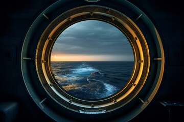 A circular window on a ship at sea. Generative AI